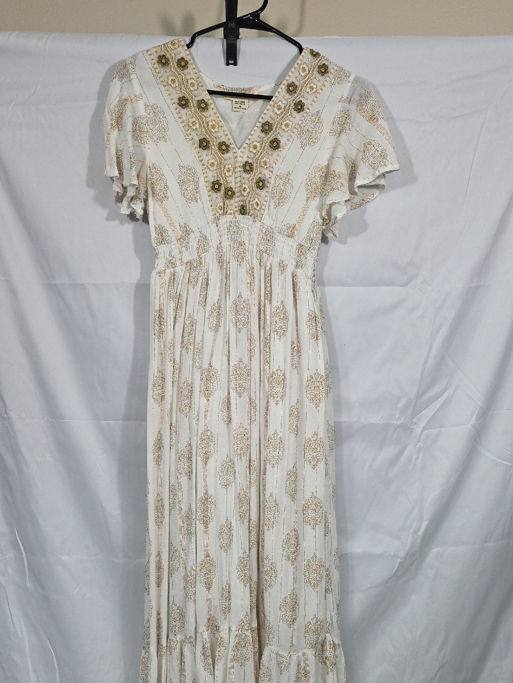Dress Nado Bohemian White and Gold Maxi Dress with Embellished V-Neck Size Small